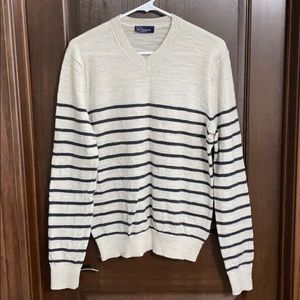 GAP Cream and Black Striped V-Neck Sweater